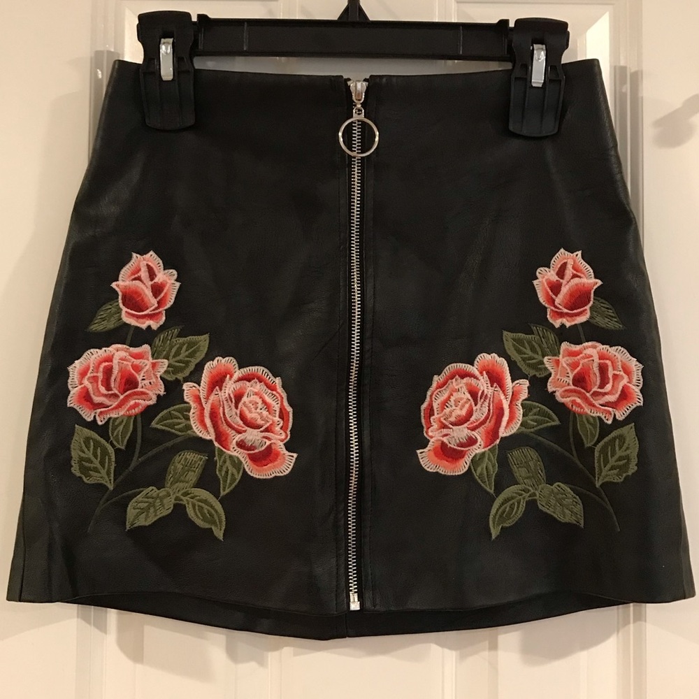 Black Faux Leather Skirt with Rose Stitching
